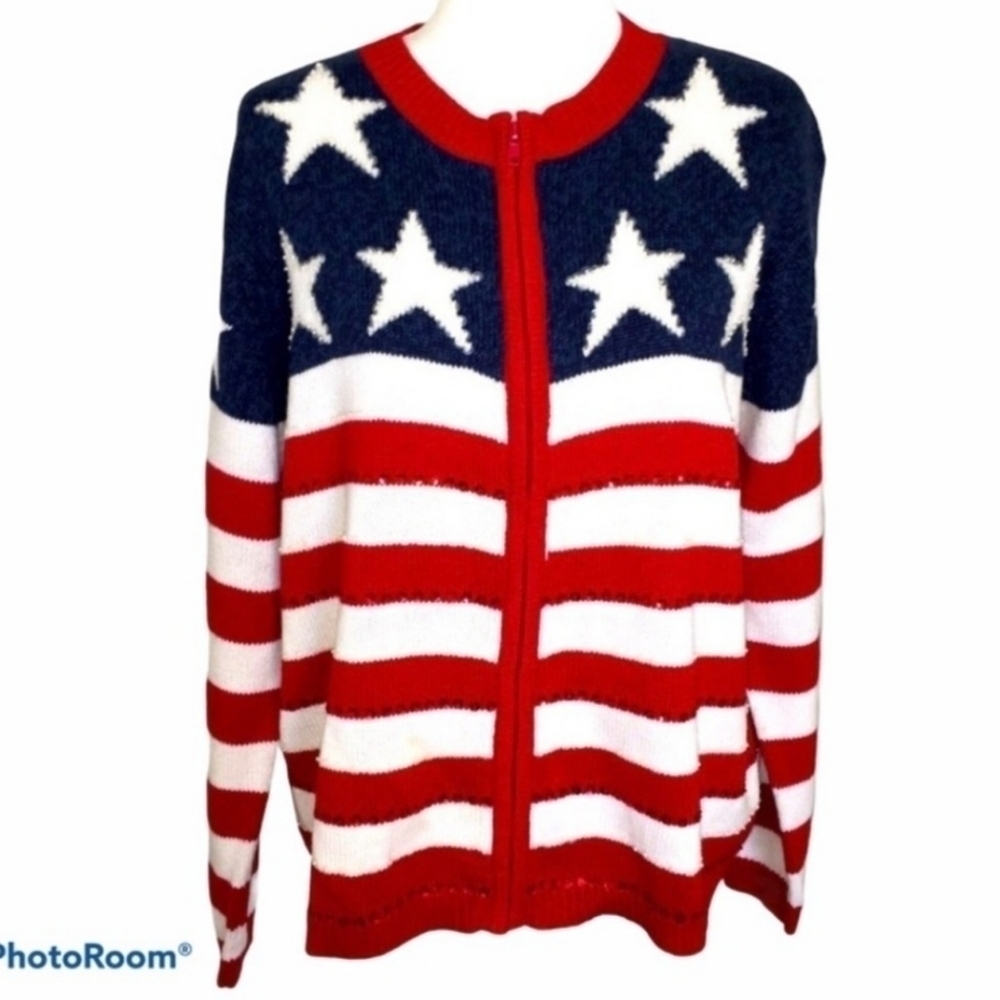 Tiara International Patriotic Zip Cardigan Sweater Women's Large L American Flag